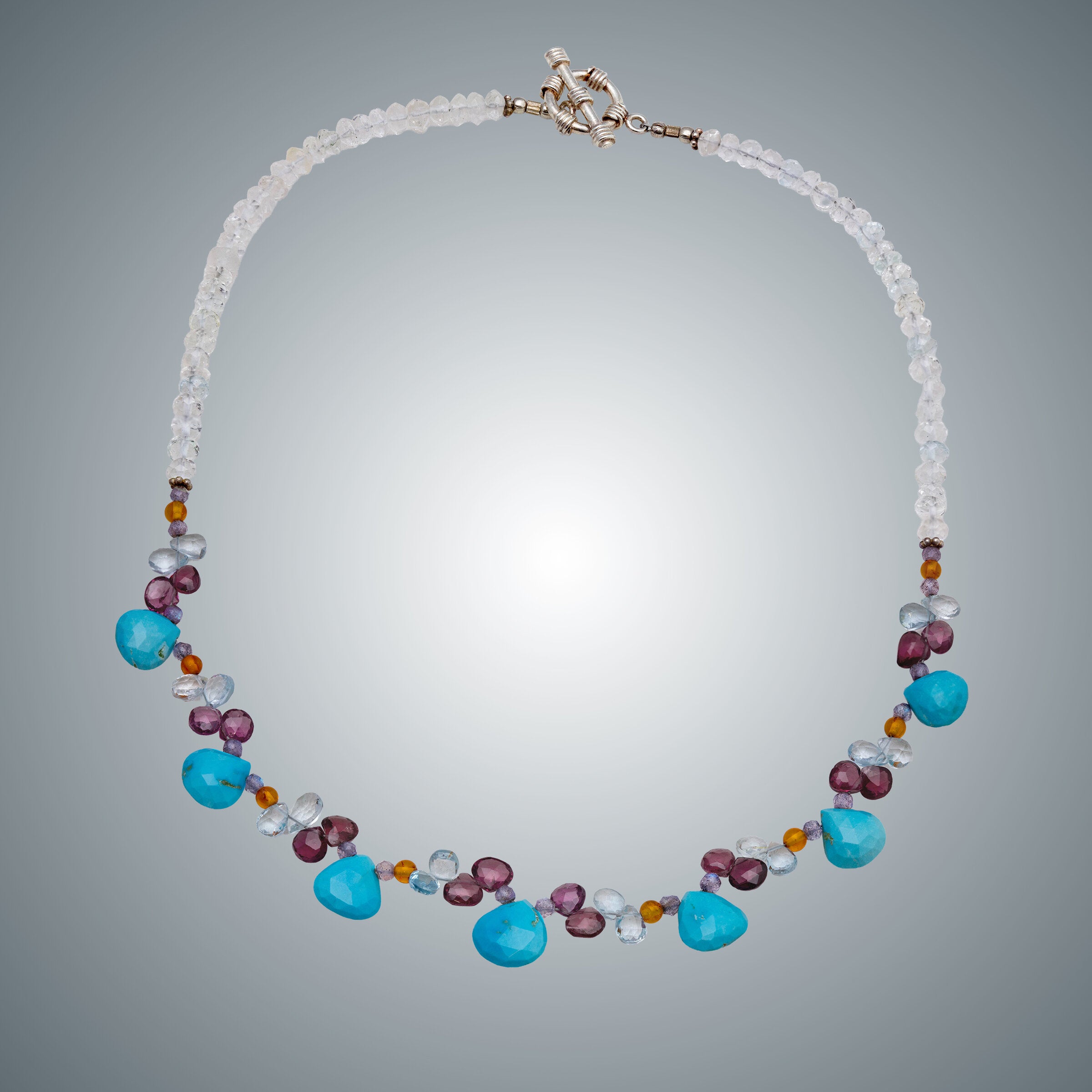 Turquoise, Crystal Quartz, Garnet & Light Blue Topaz Necklace