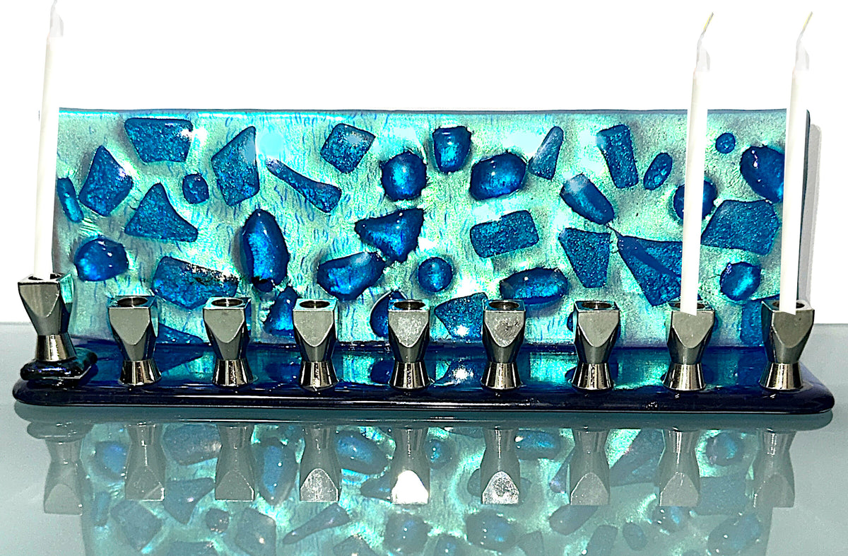Turquoise and Blue Dichroic Menorah