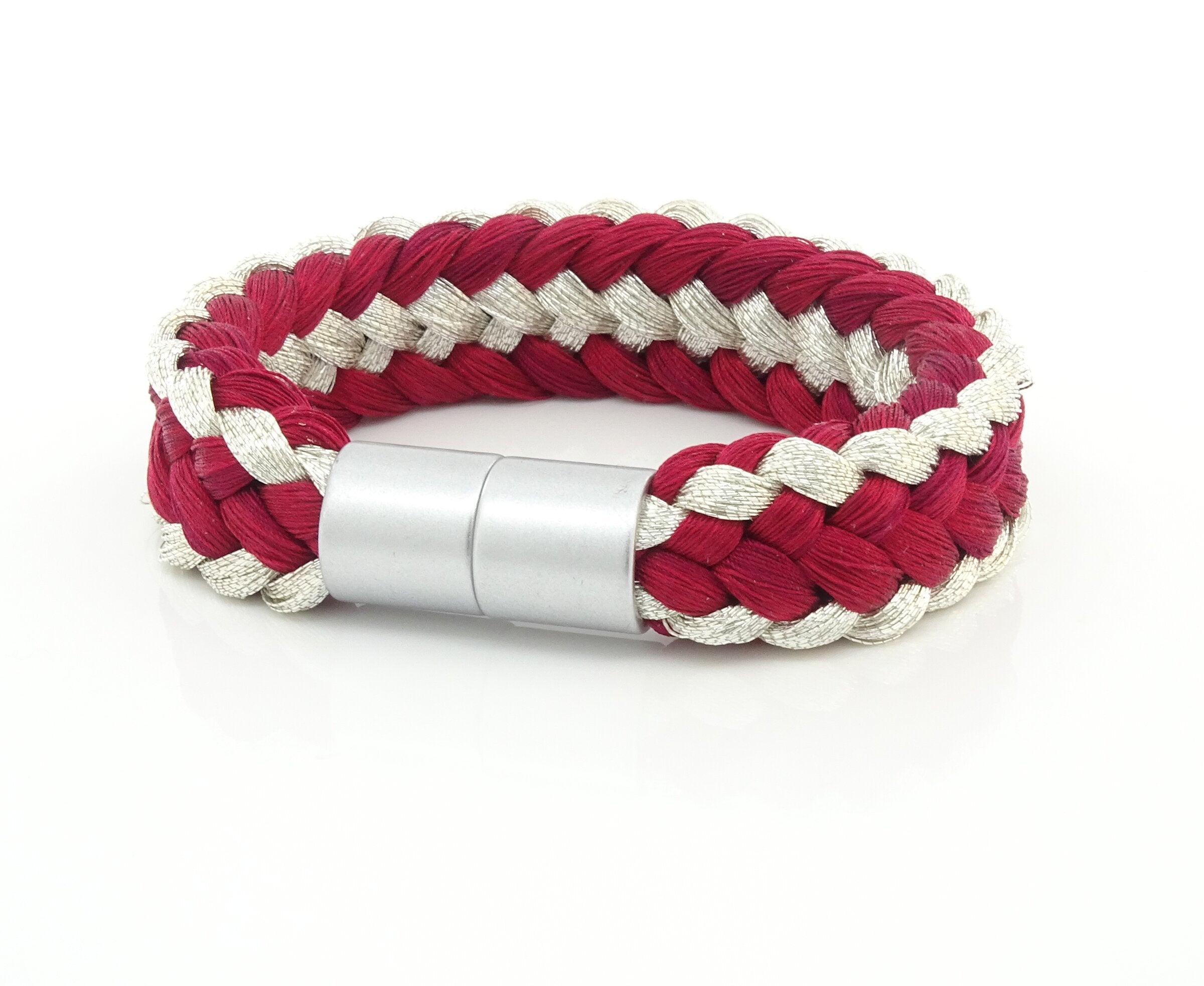 Bright Silver and Cherry Red Adorns the Wrist - reverse side Cherry Red framed by Bright Silver