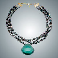 Green Quartz Heart & Pearl Necklace
