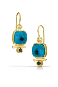 Chrysocolla Druzy Drop Earrings with Black Diamonds