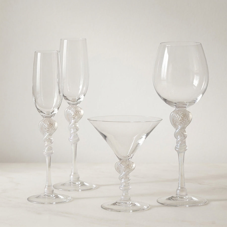 2 flutes, short martini, white wine
