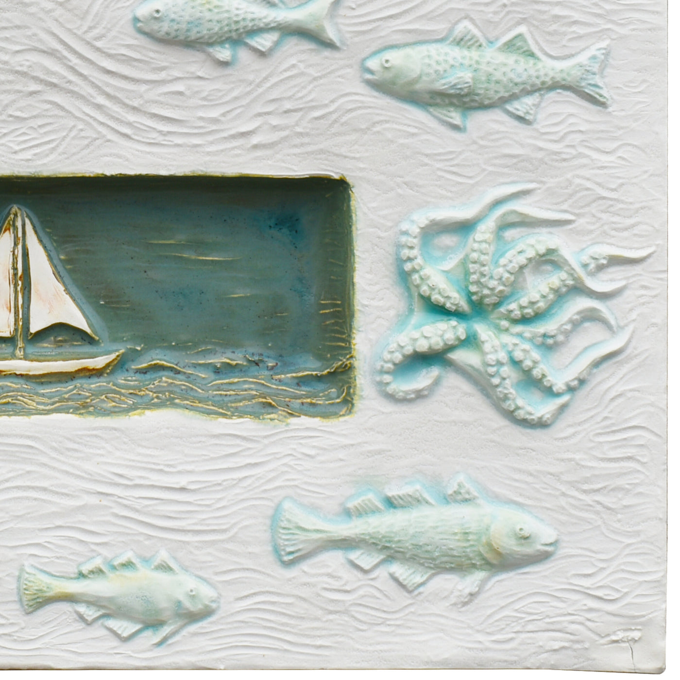 Sail Boat Marine Tile in White Stone and Antique Teal