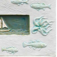 Sail Boat Marine Tile in White Stone and Antique Teal
