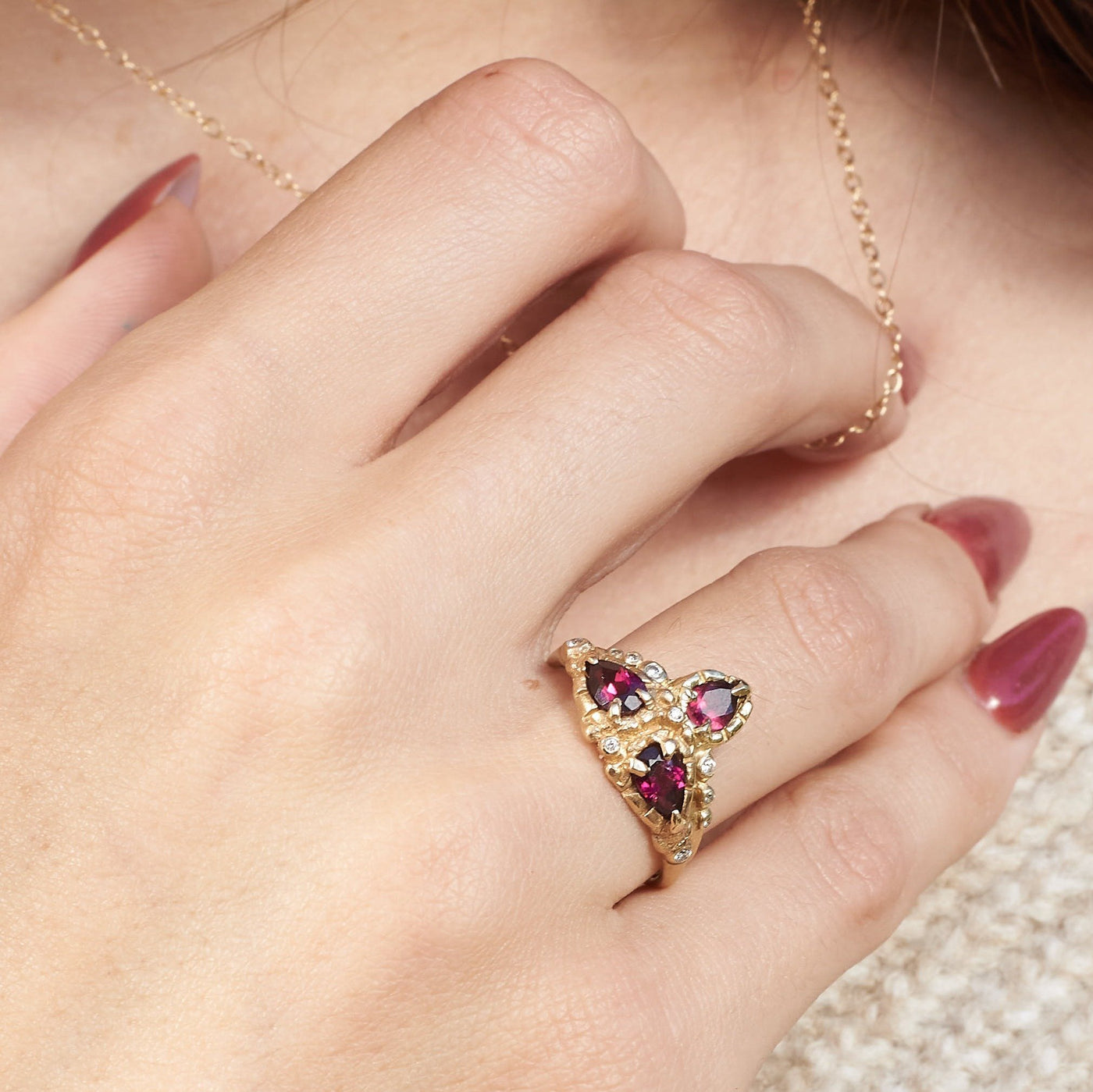 Garnet Masque Ring stacked with Garnet Aline Ring