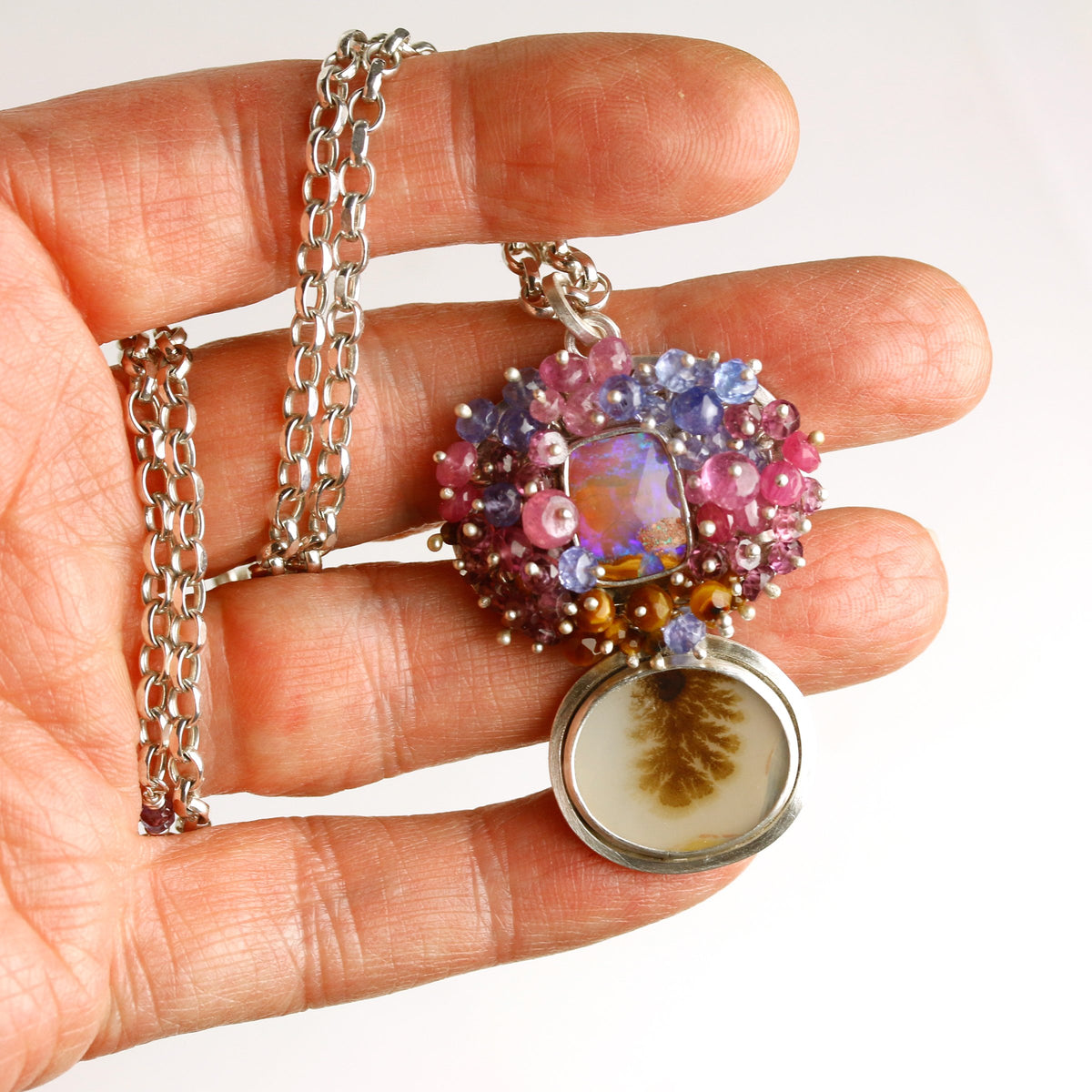 Pink Shades Opal, Gem Fringe & Agate Pendant