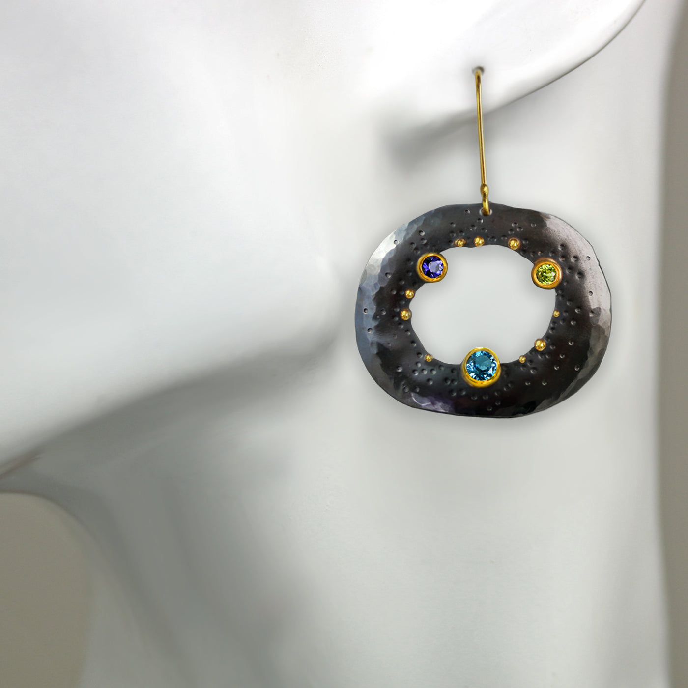 Blue Topaz and Peridot Dotted Pebble Dangle Earrings