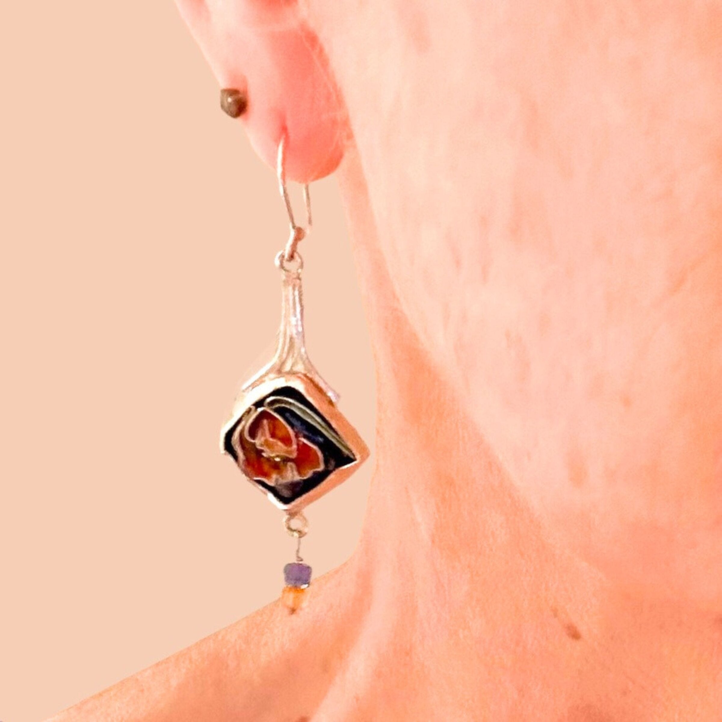 Asymmetrical Cloisonne Poppy Earrings