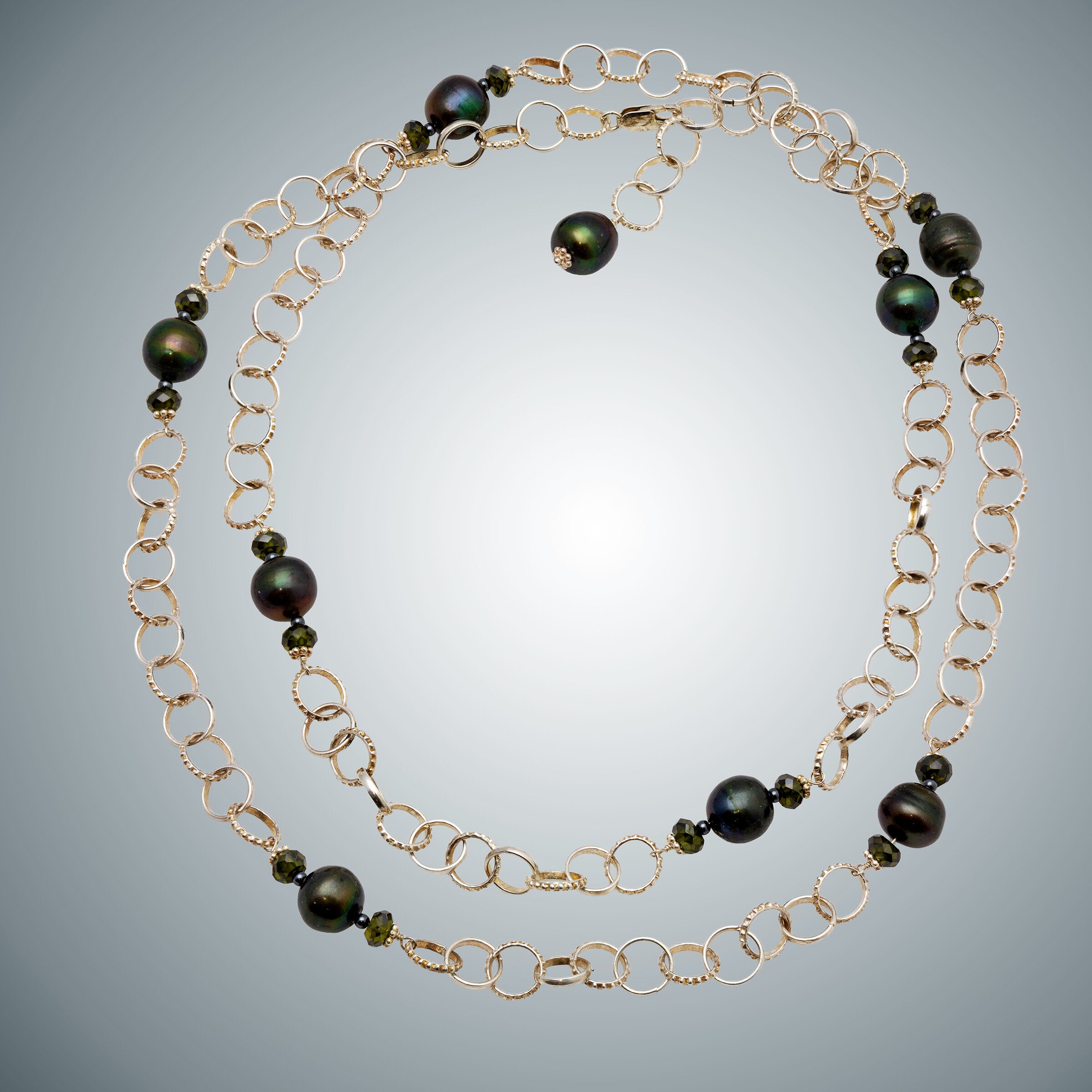 Green Freshwater Pearl and Sterling Chain Necklace