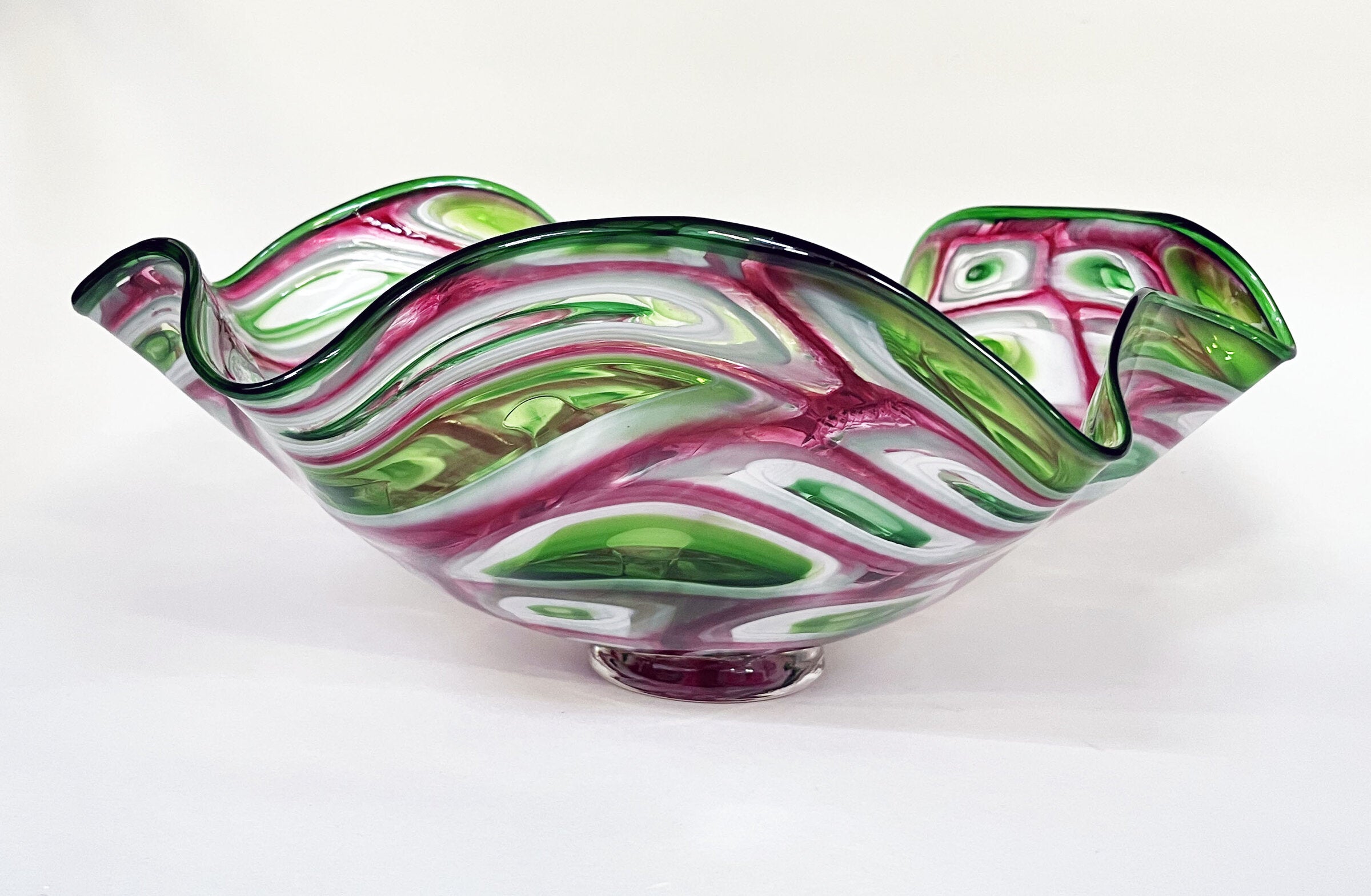 Pink, Green, and White Mosaic Ruffled Bowl