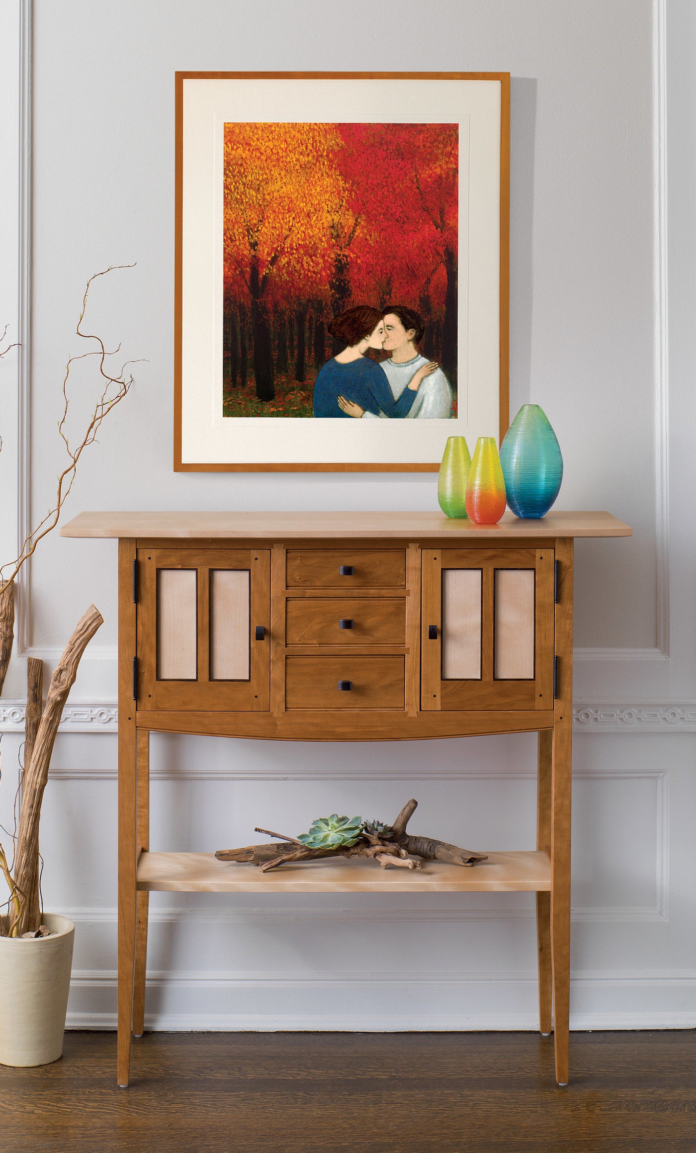 shown with the foyer sideboard by tom dumke and shimmer vases in brights by corey silverman