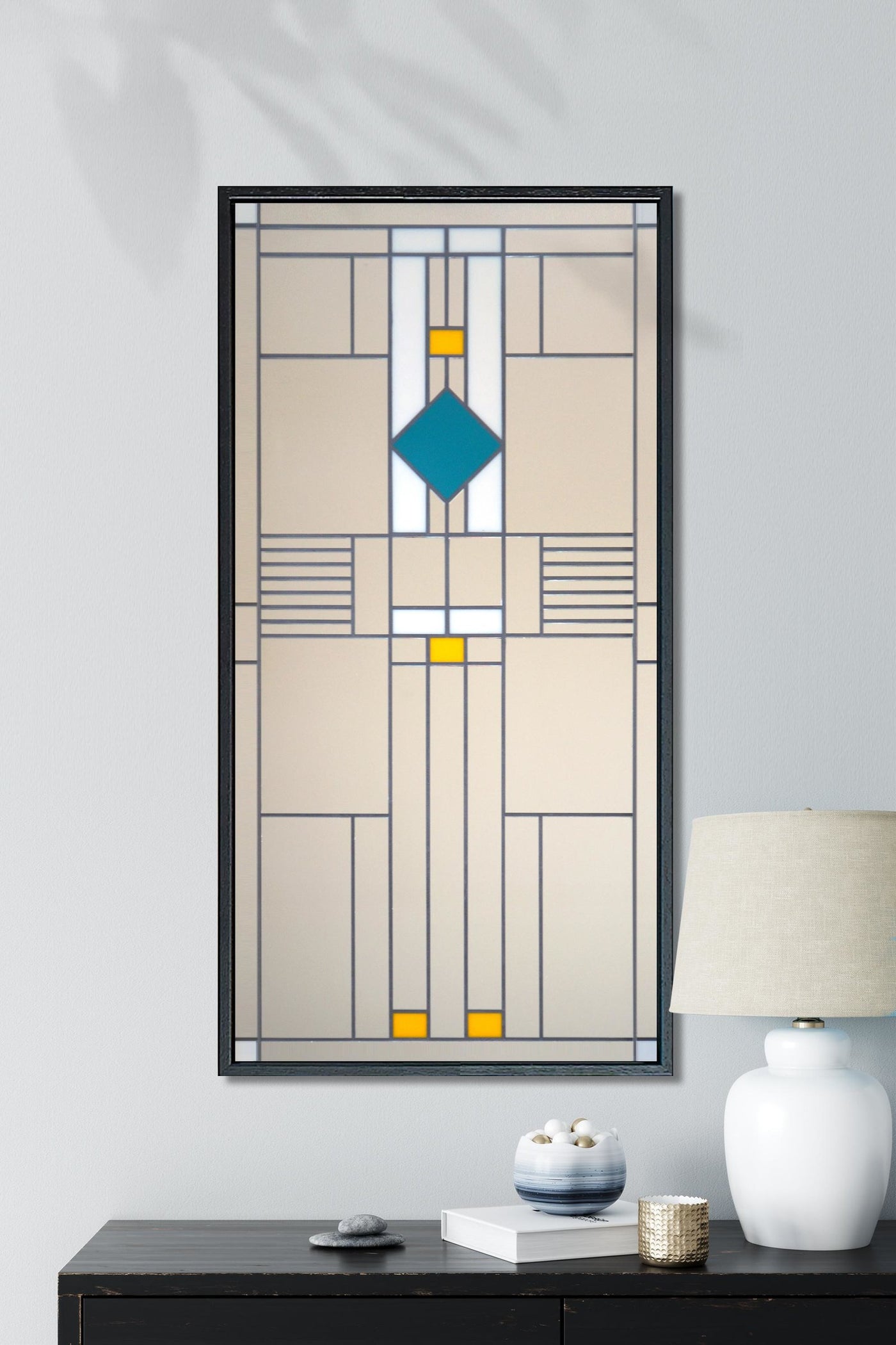 Craftsman-style mirror "Astor 18x36" hangs above console table