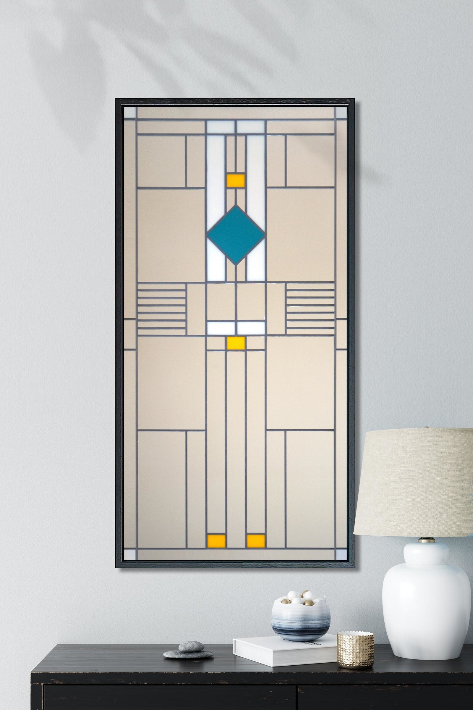 Craftsman-style mirror "Astor 18x36" hangs above console table
