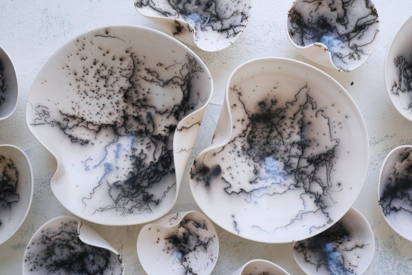 Raku Wall Sculpture Set in Black and White, 16 Piece