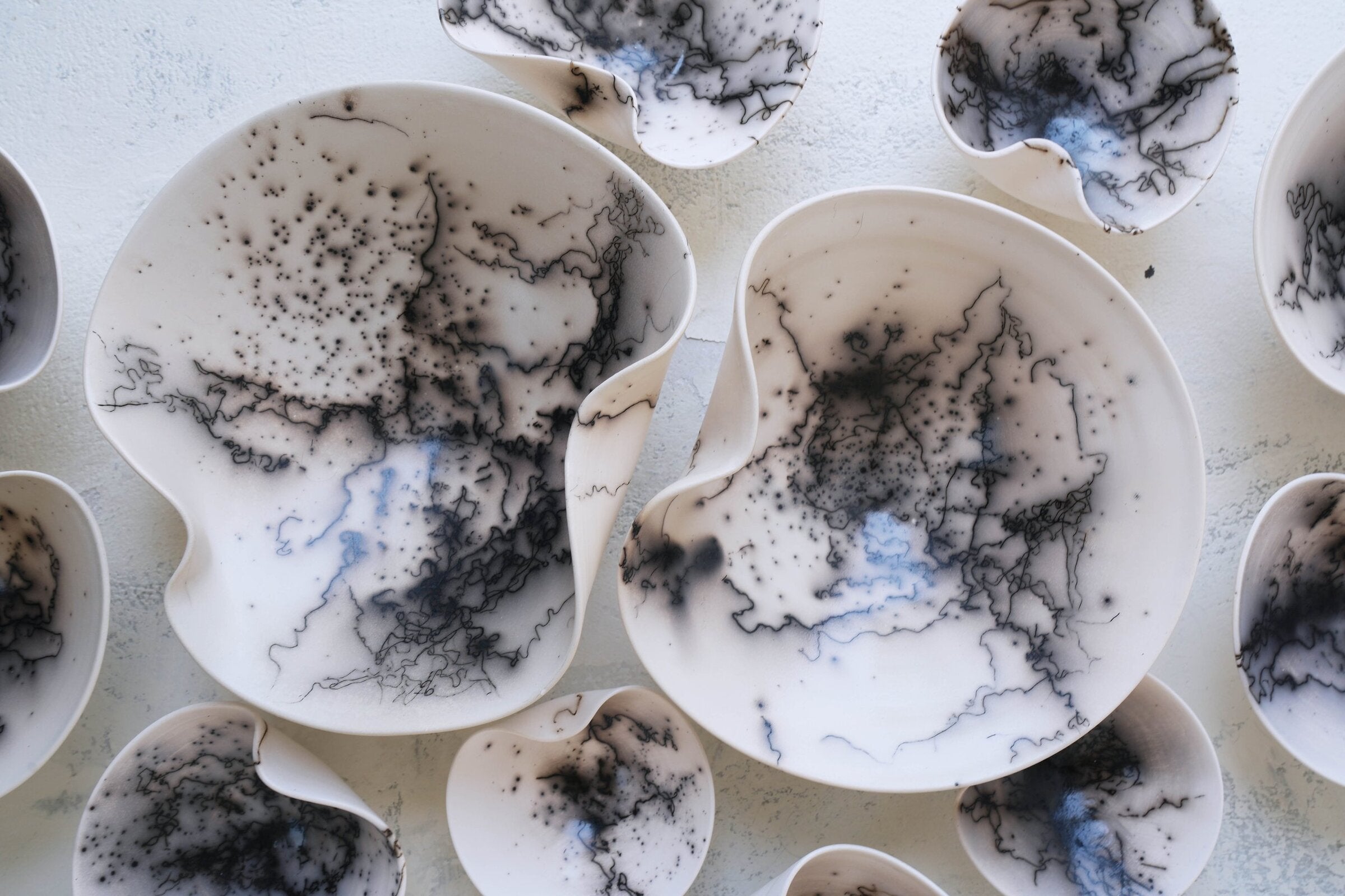 Raku Wall Sculpture Set in Black and White, 16 Piece