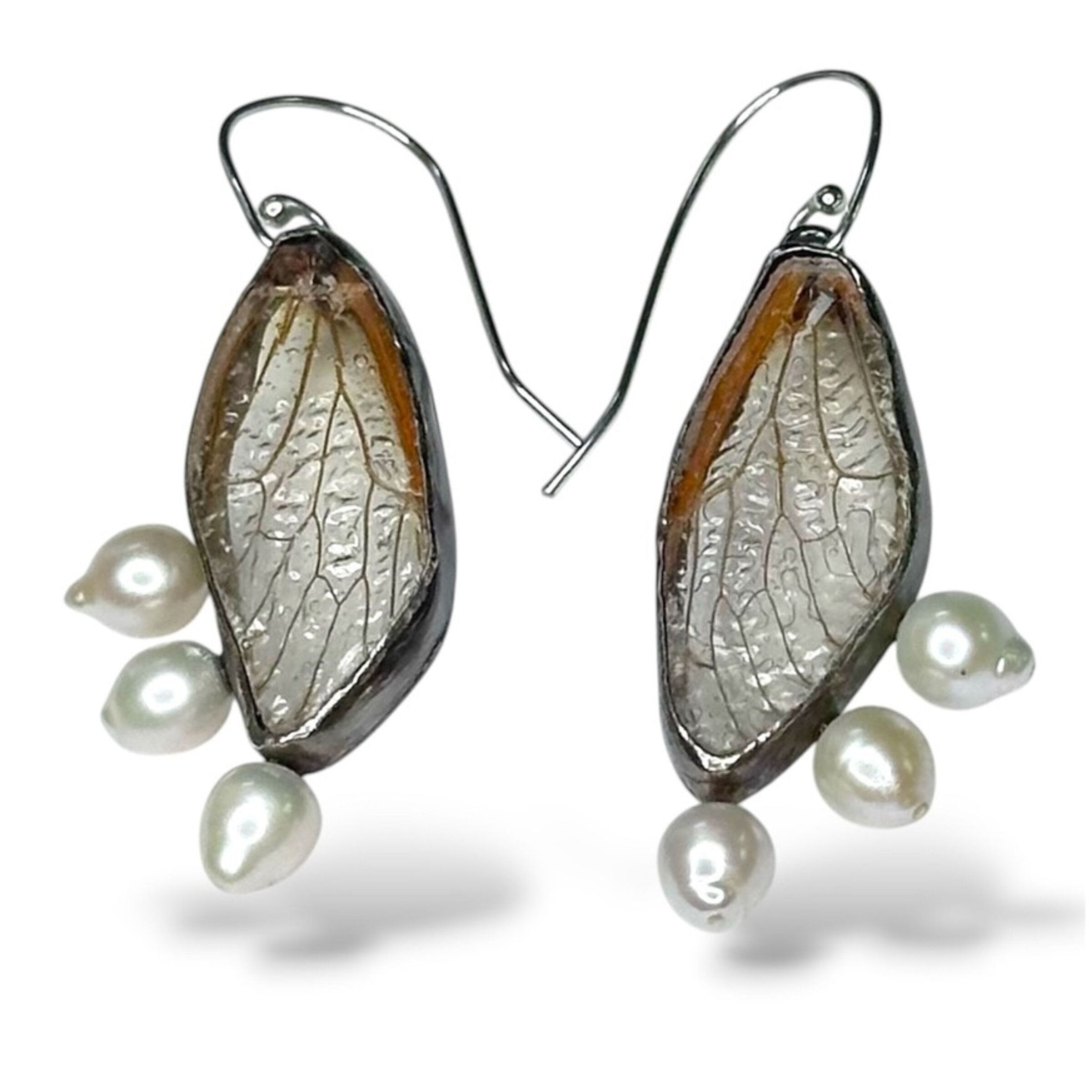 Cicada Wing & Pearl Earrings
