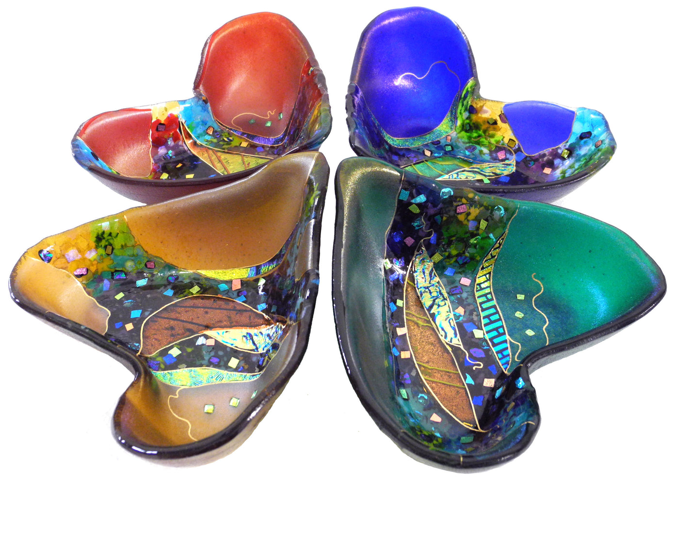 clockwise from top: ruby, sapphire, emerald, amber