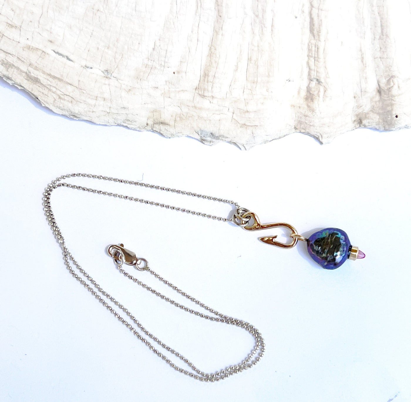 Fish Hook Catches the Peacock Pearl Charm Necklace