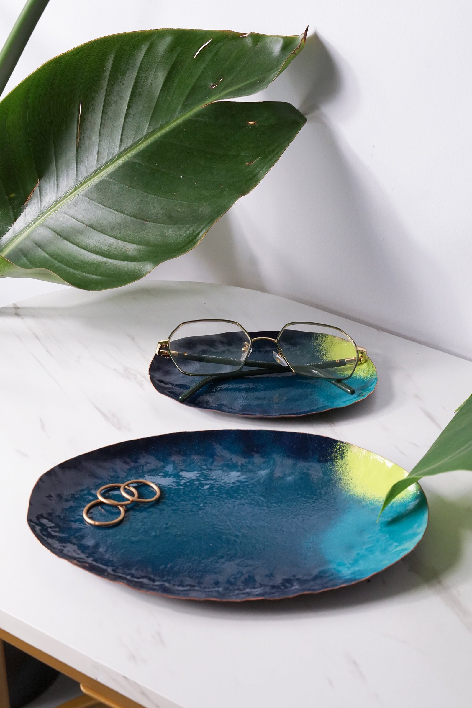Chroma Decorative Metal Trays in Dark Teal and Chartreuse