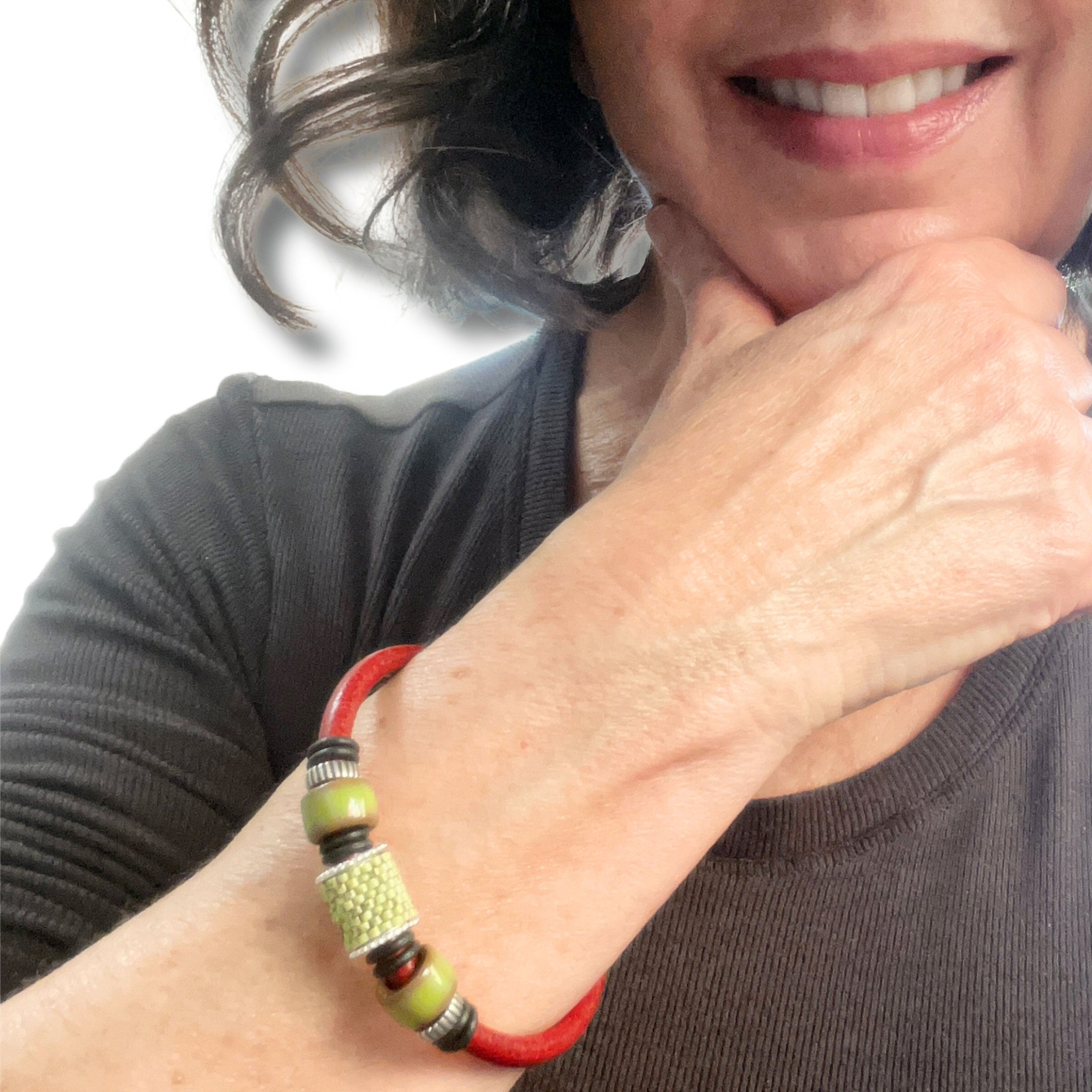 Chartreuse & Red Single Bead Bracelet