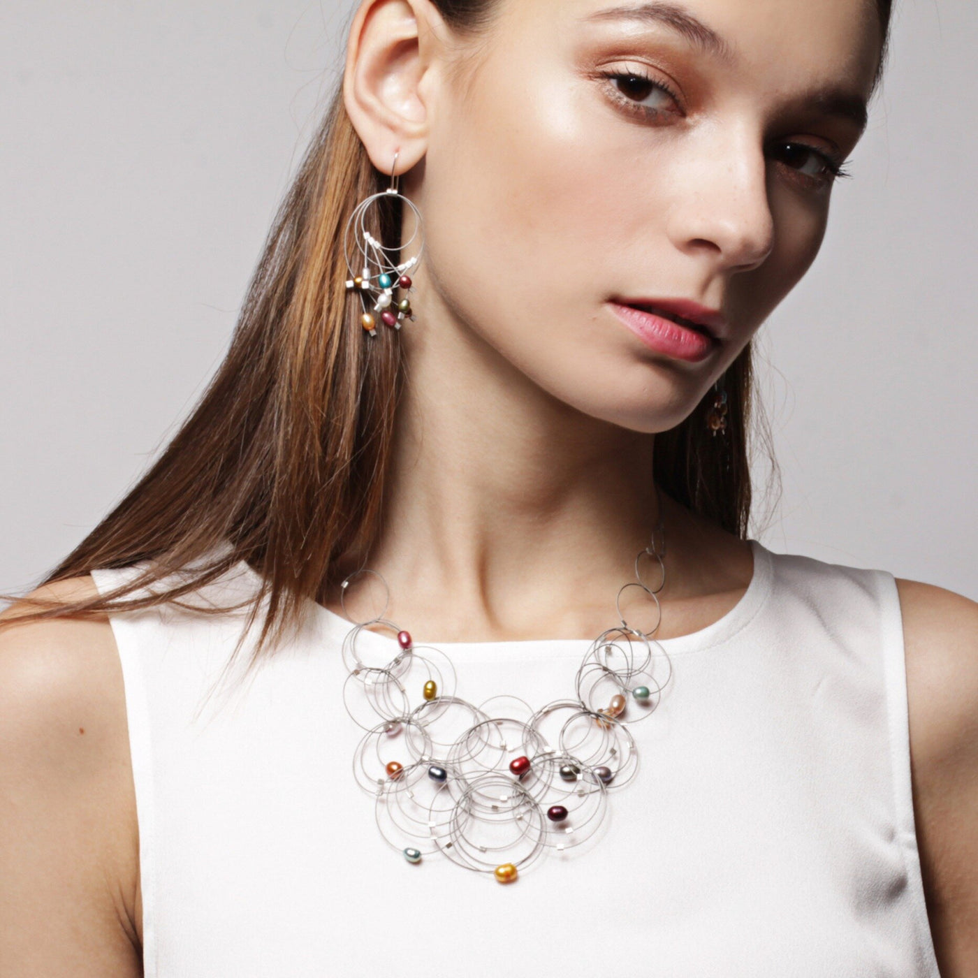Rainbow Pearl, Steel Cable & Silver Details