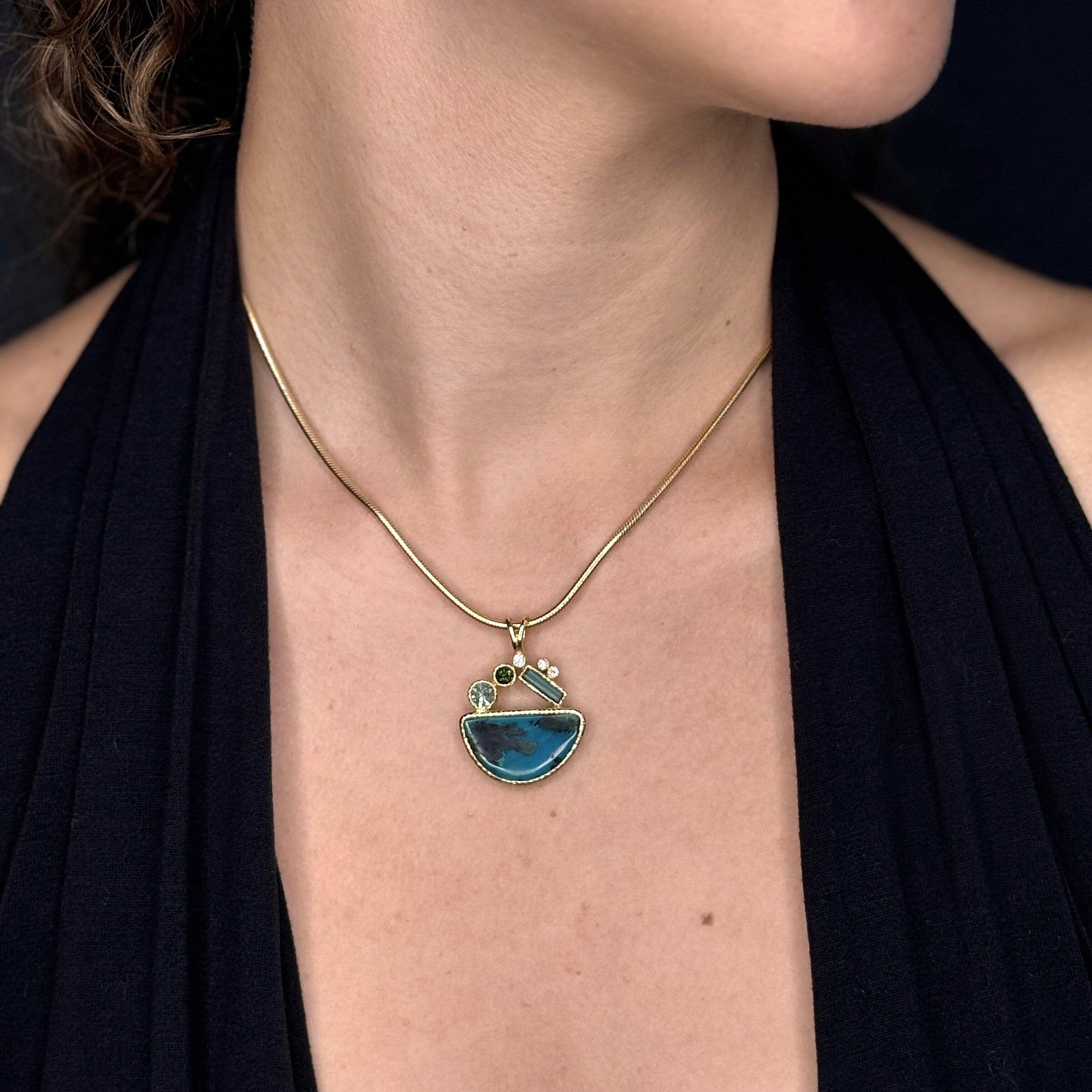 14k Gold, Gem Silica & Tourmaline Pendant II
