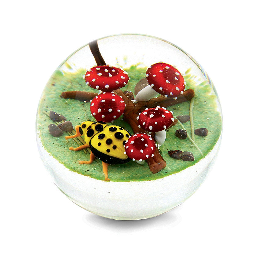 Yellow Ladybug with Fanciful Mushrooms Miniature Paperweight