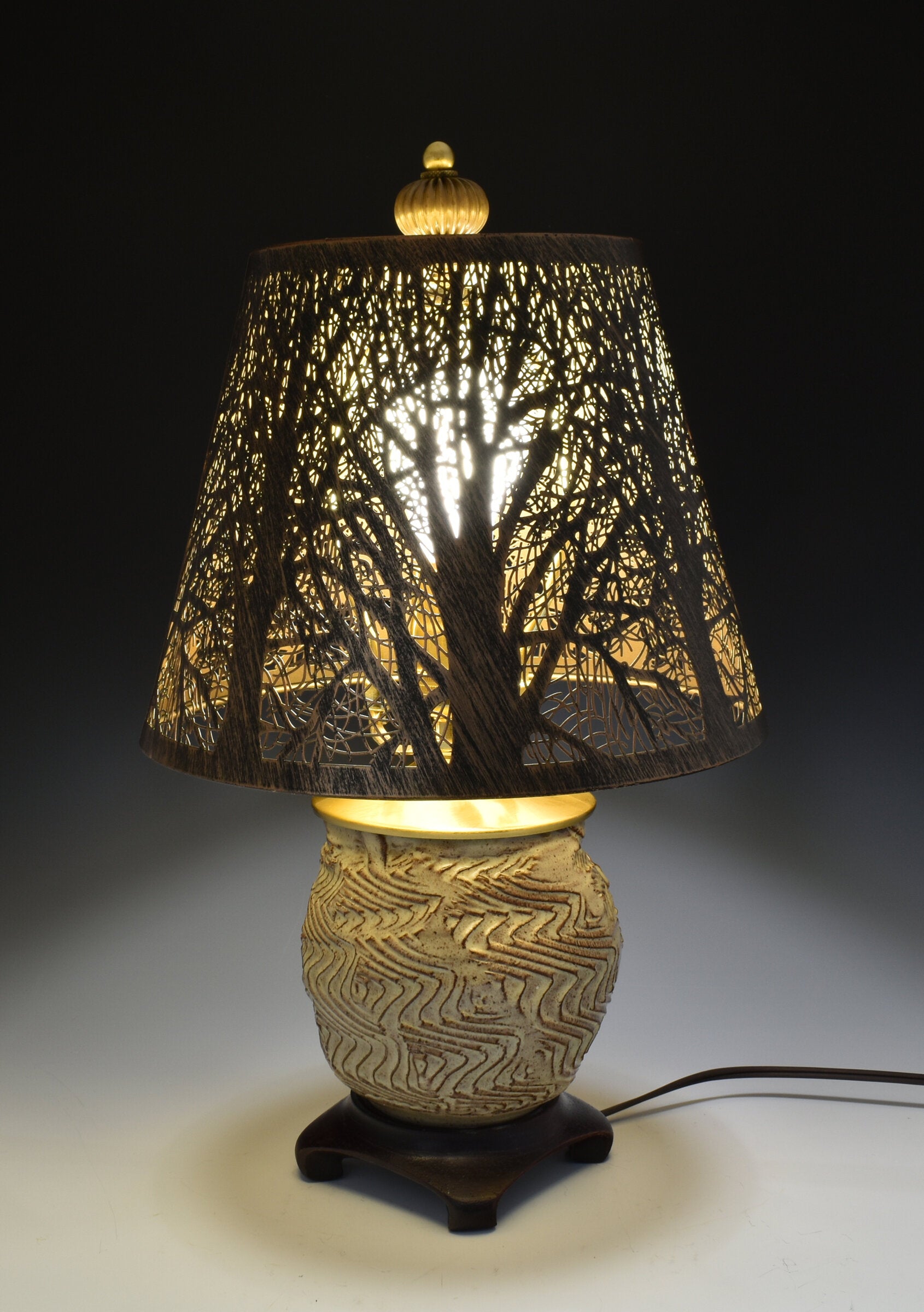 White Carved Stoneware Lamp with Steel Branch Shade