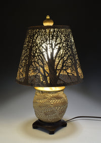 White Carved Stoneware Lamp with Steel Branch Shade