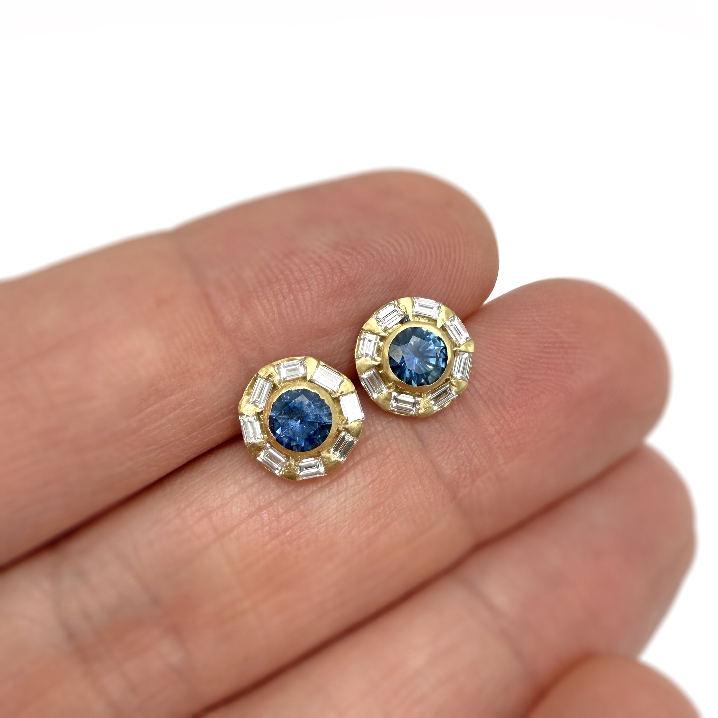 Montana Sapphire & Baguette Diamond Halo Earrings