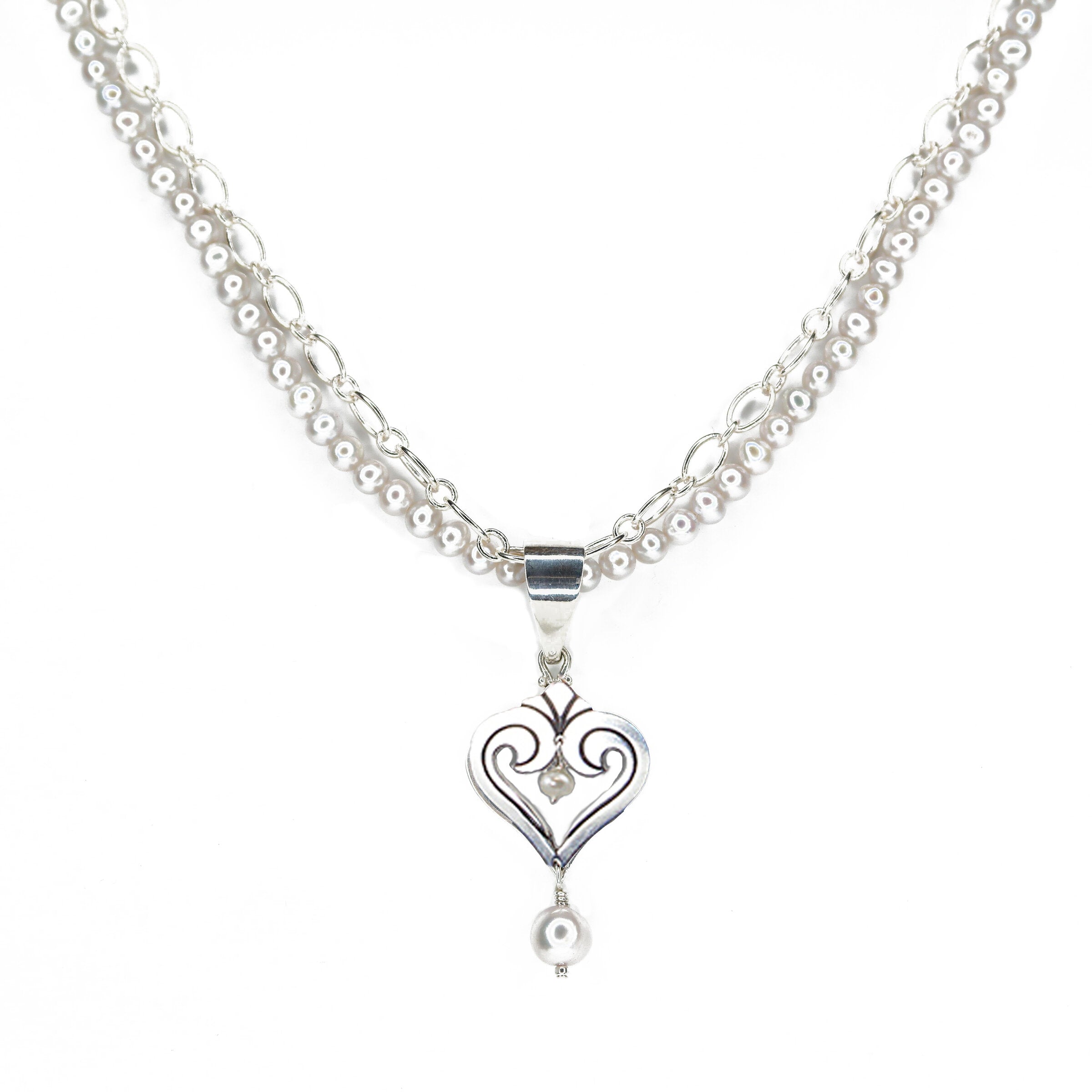 Scrolled Heart on White Pearl Necklace