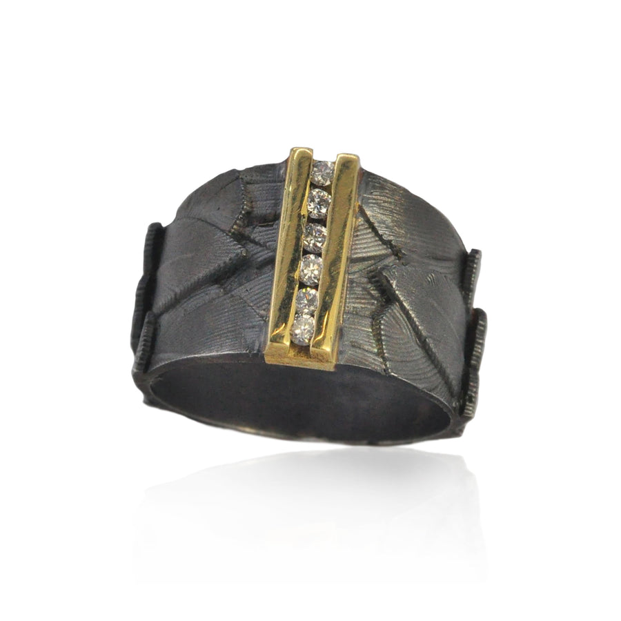 Oxidized Silver Channel Set Diamond Feather Ring