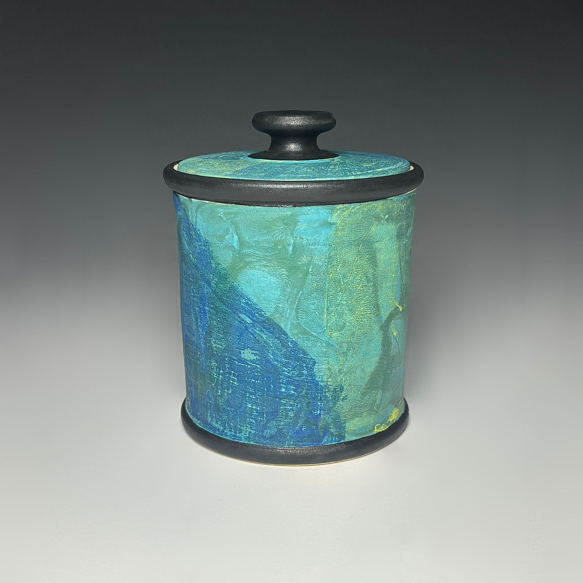 Painterly Lidded Jar in Blue Green Split
