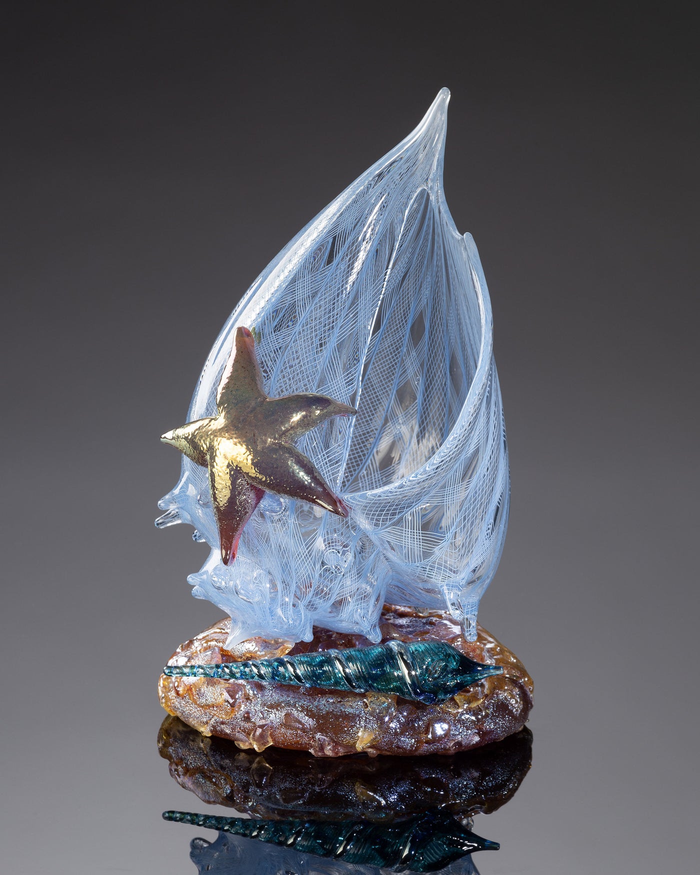 Aquamarine Latticino Shell Sculpture with Auger Shell and Sea Star