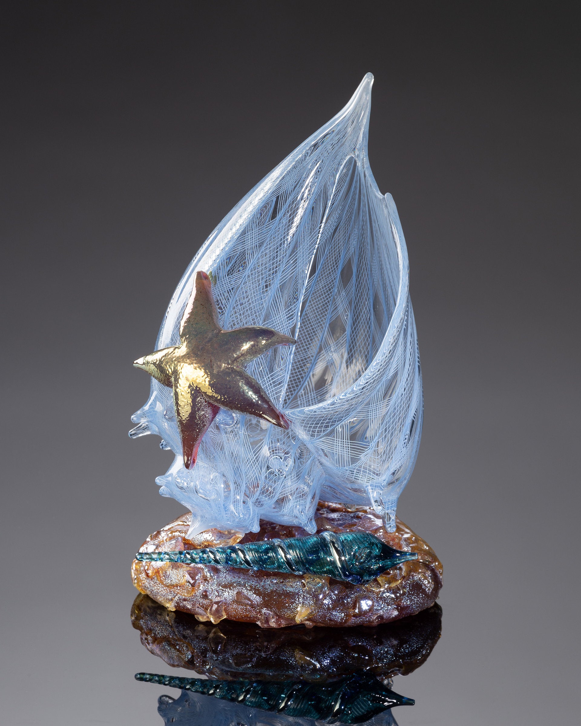 Aquamarine Latticino Shell Sculpture with Auger Shell and Sea Star