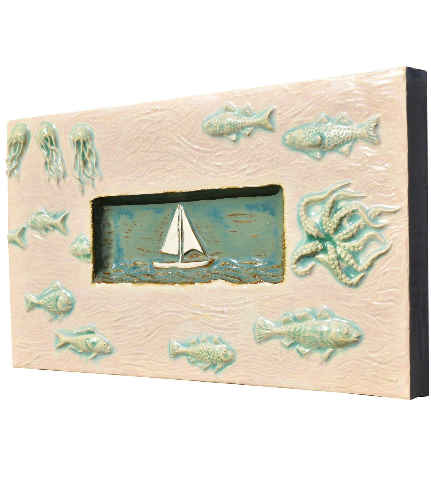 Sail Boat Marine Tile in White Matte and Antique Teal Gloss Glazes
