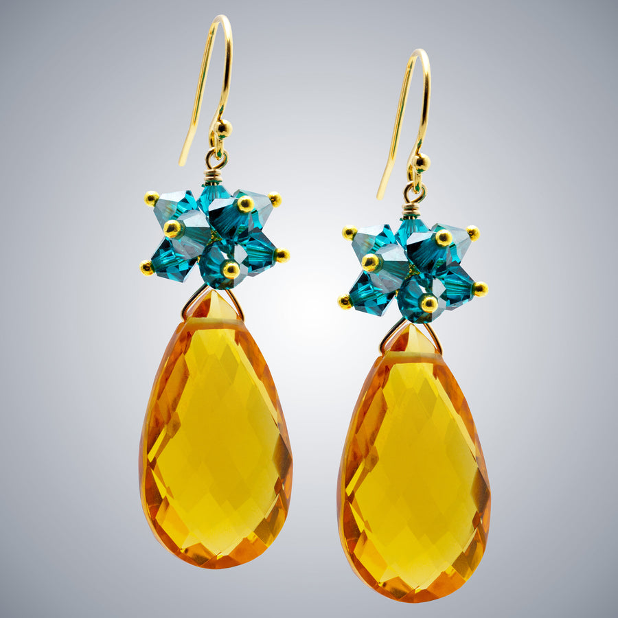 Gold Quartz & Aqua Crystal Earrings