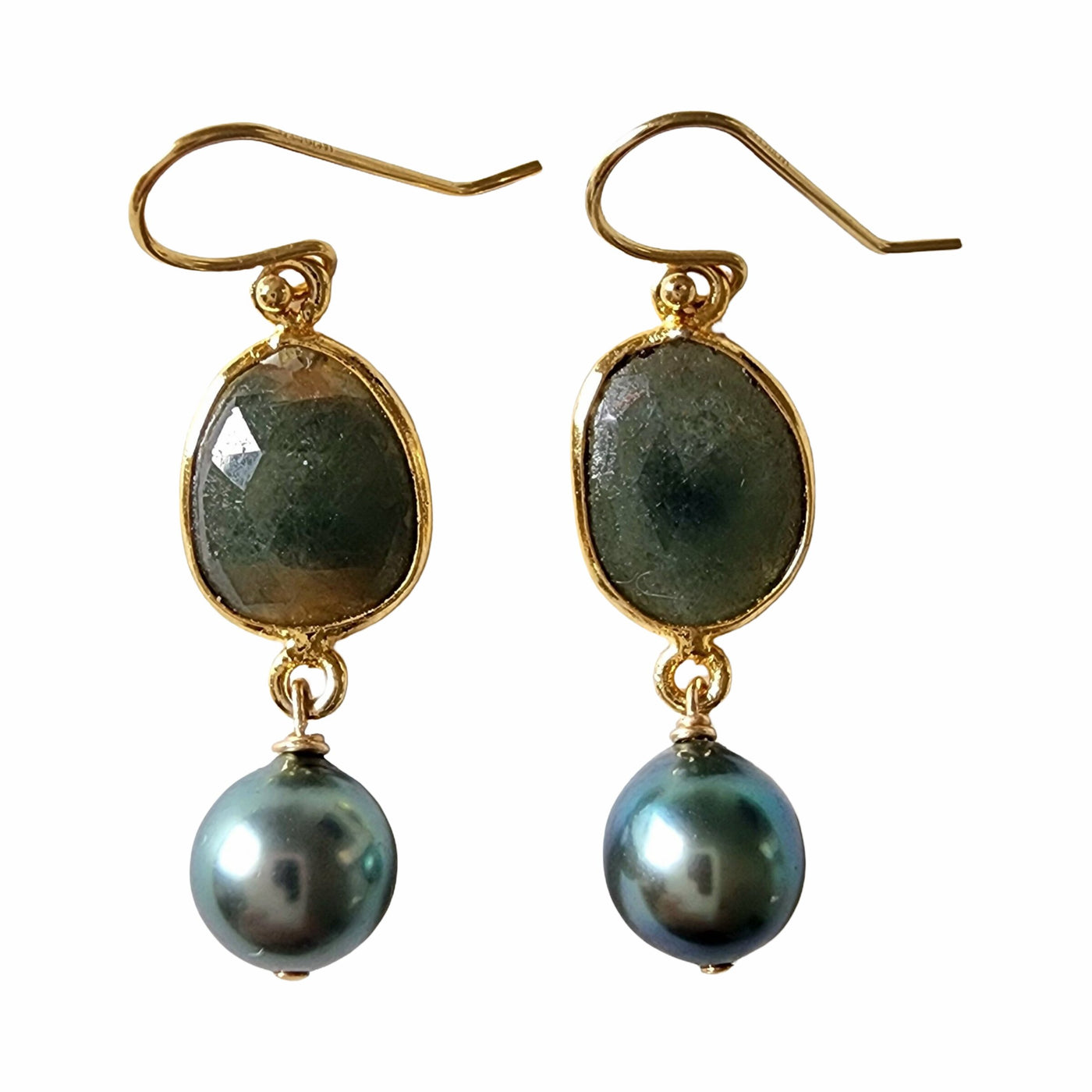 Olive Green Sapphire and Tahitian Pearl Earrings