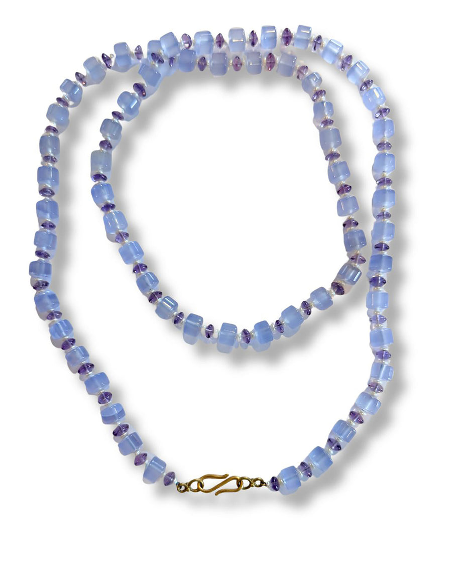 Blue Chalcedony, Amethyst & Pearl Necklace