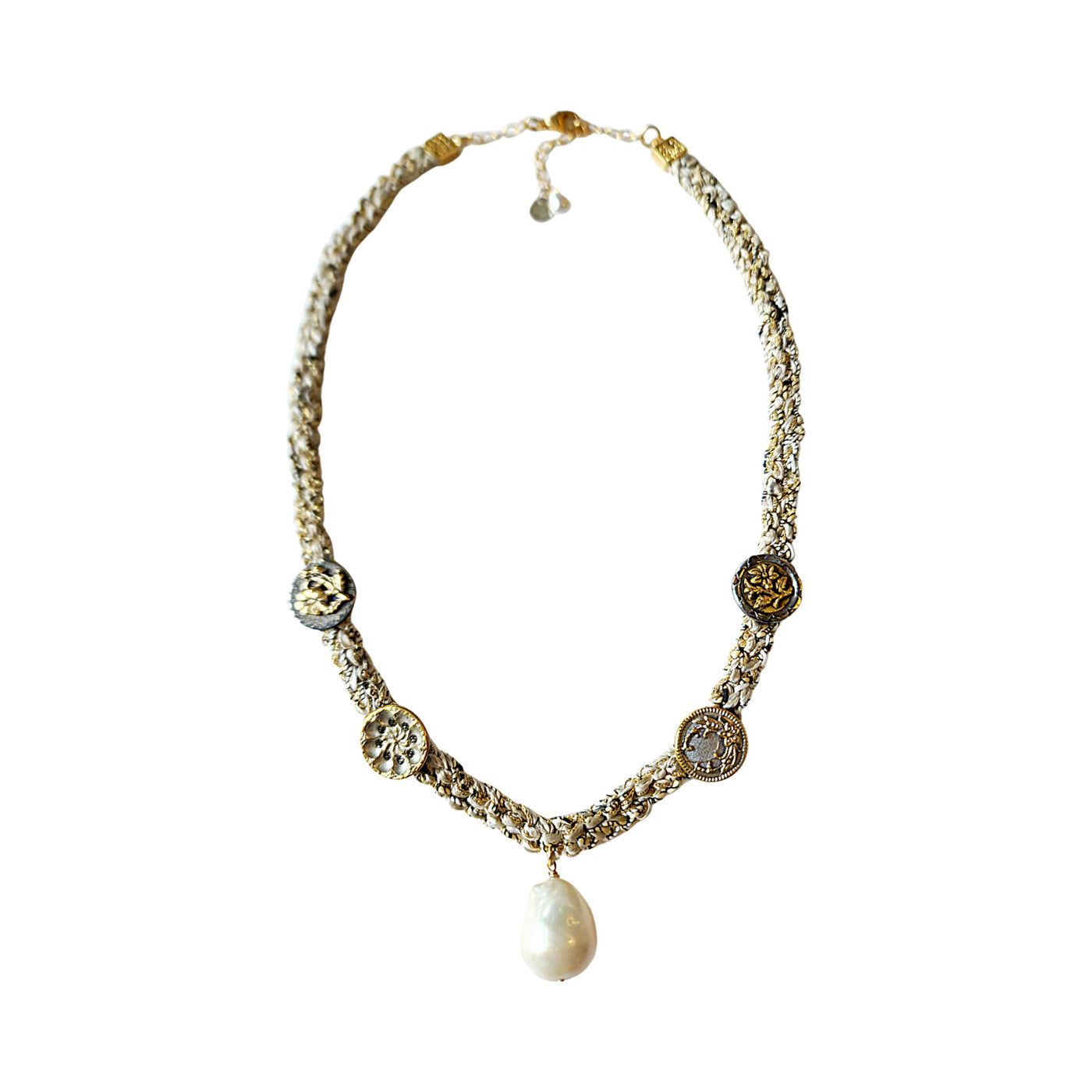 Baroque Pearl and Botanic Antique Button Necklace