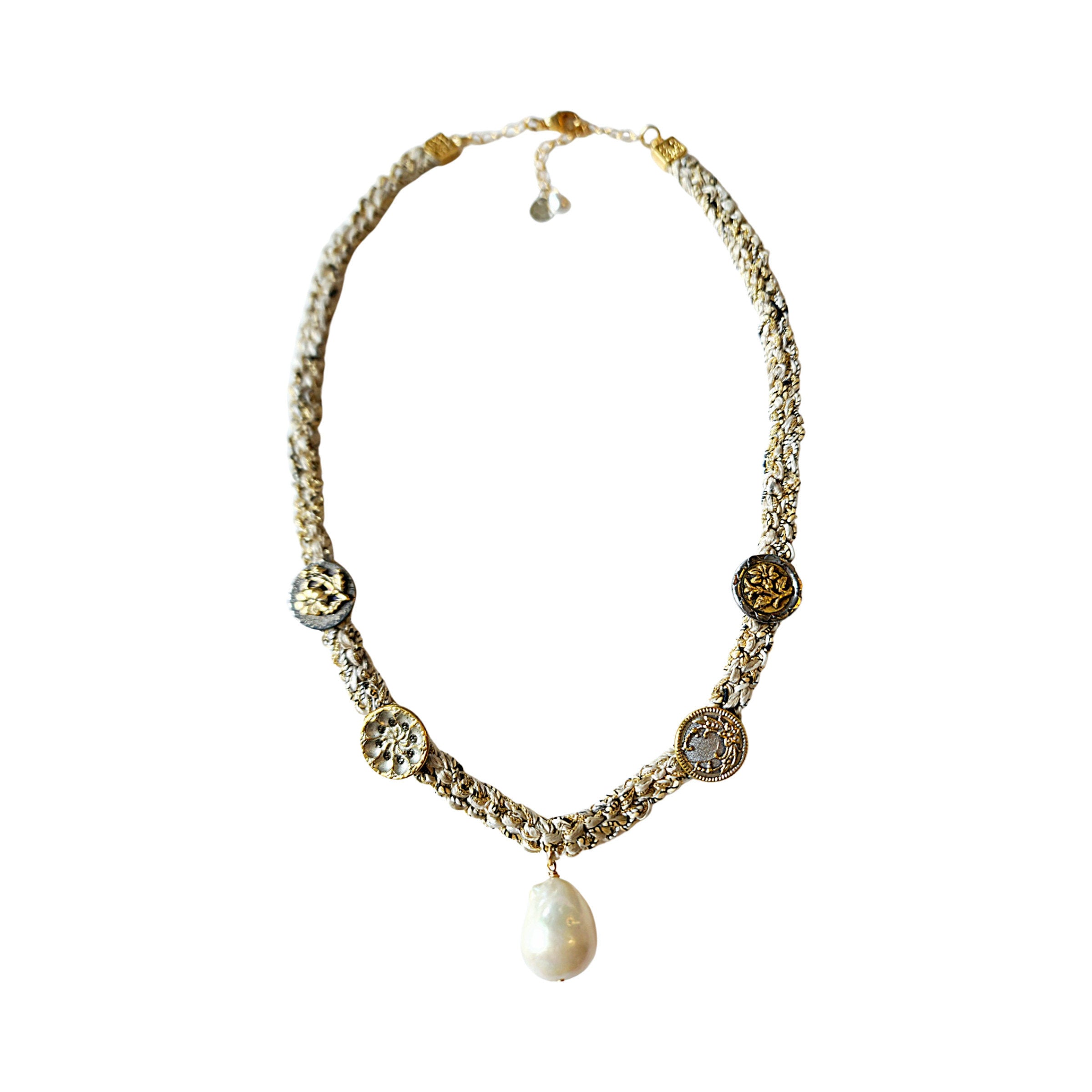 Baroque Pearl and Botanic Antique Button Necklace