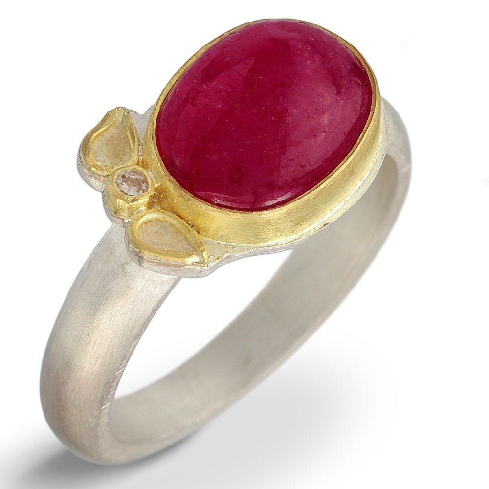 Ruby Cabochon & Diamond Leaf Ring