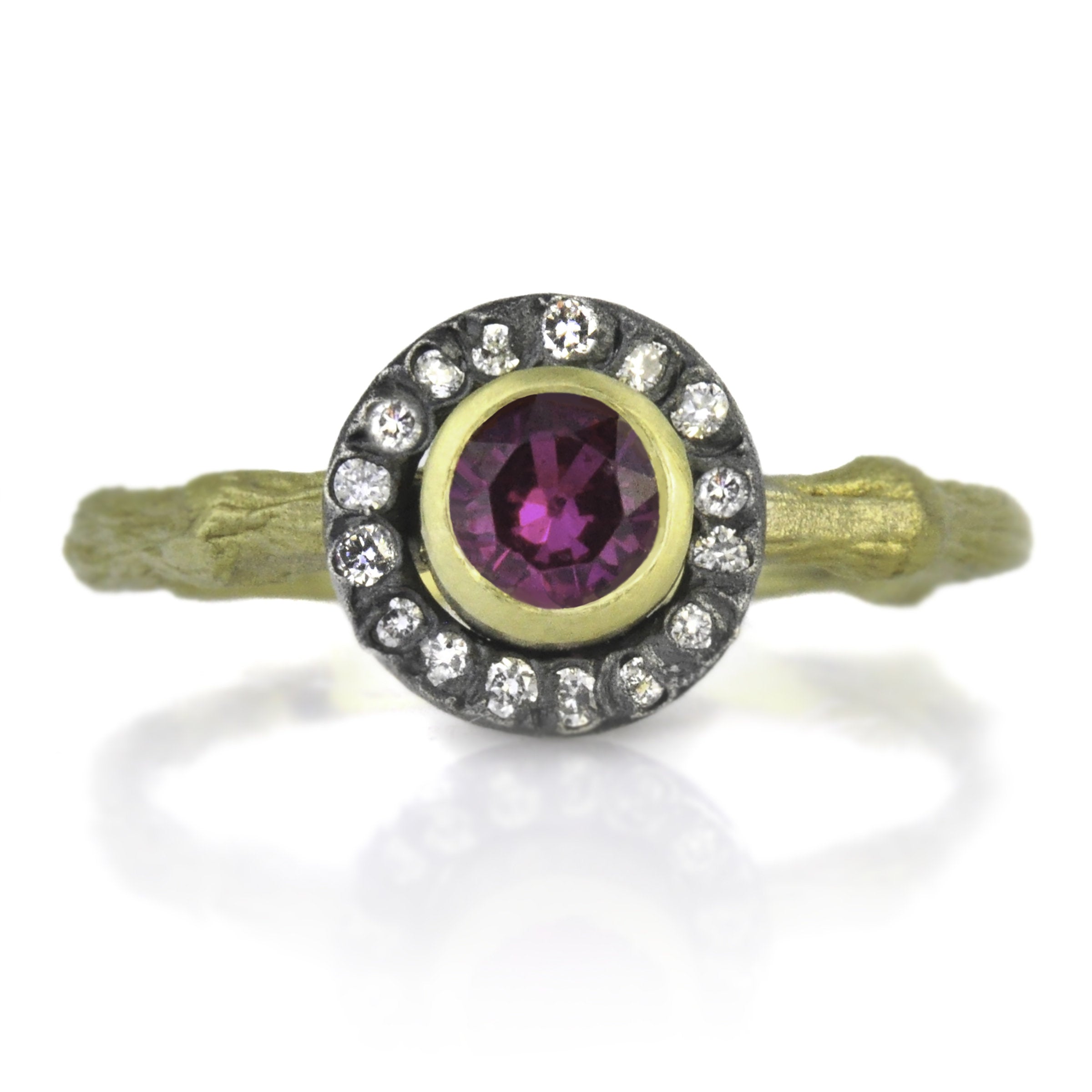 Small Round Ruby Halo Branch Ring