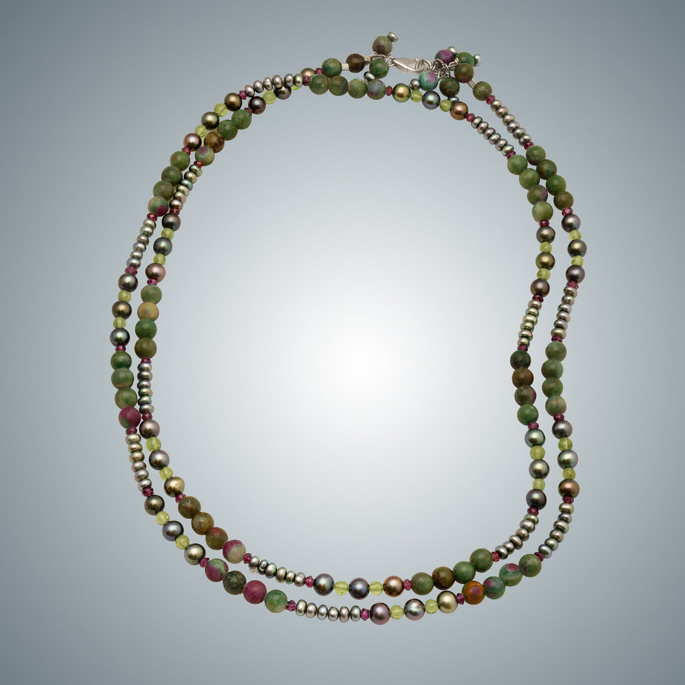 Ruby Zoisite, Pearl, Peridot & Garnet Necklace