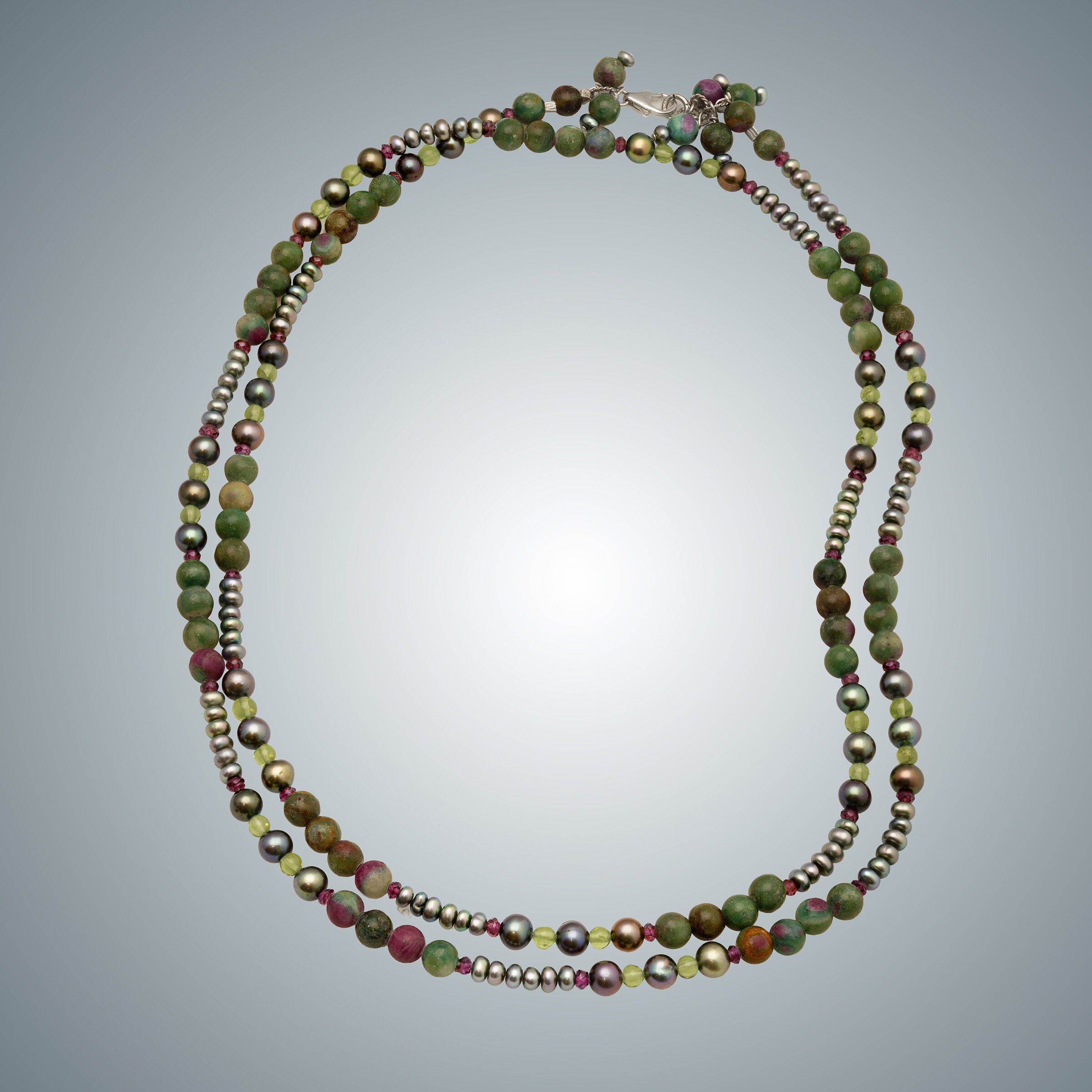 Ruby Zoisite, Pearl, Peridot & Garnet Necklace