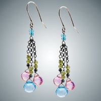 Light Blue Topaz, Pink Quartz & Silver Earrings