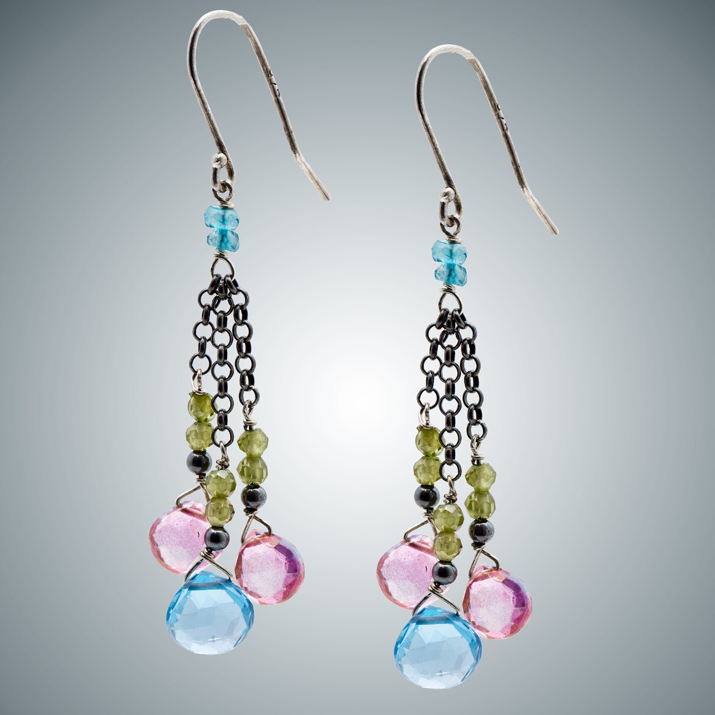 Light Blue Topaz, Pink Quartz & Silver Earrings
