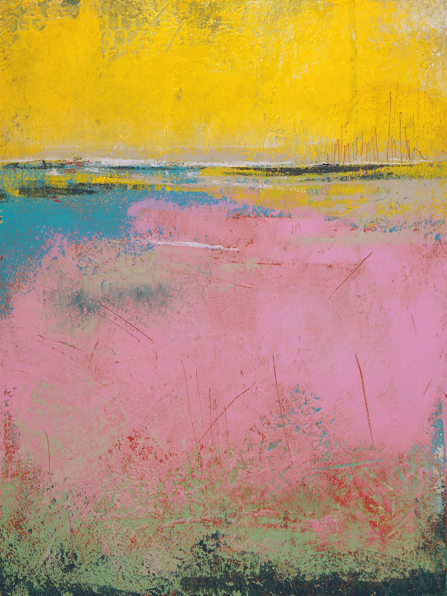"Flamingo Coast" pink and yellow abstract coastal art measuring 30x40 in.