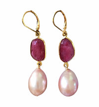 Ruby and Pink Edison Pearl Earrings