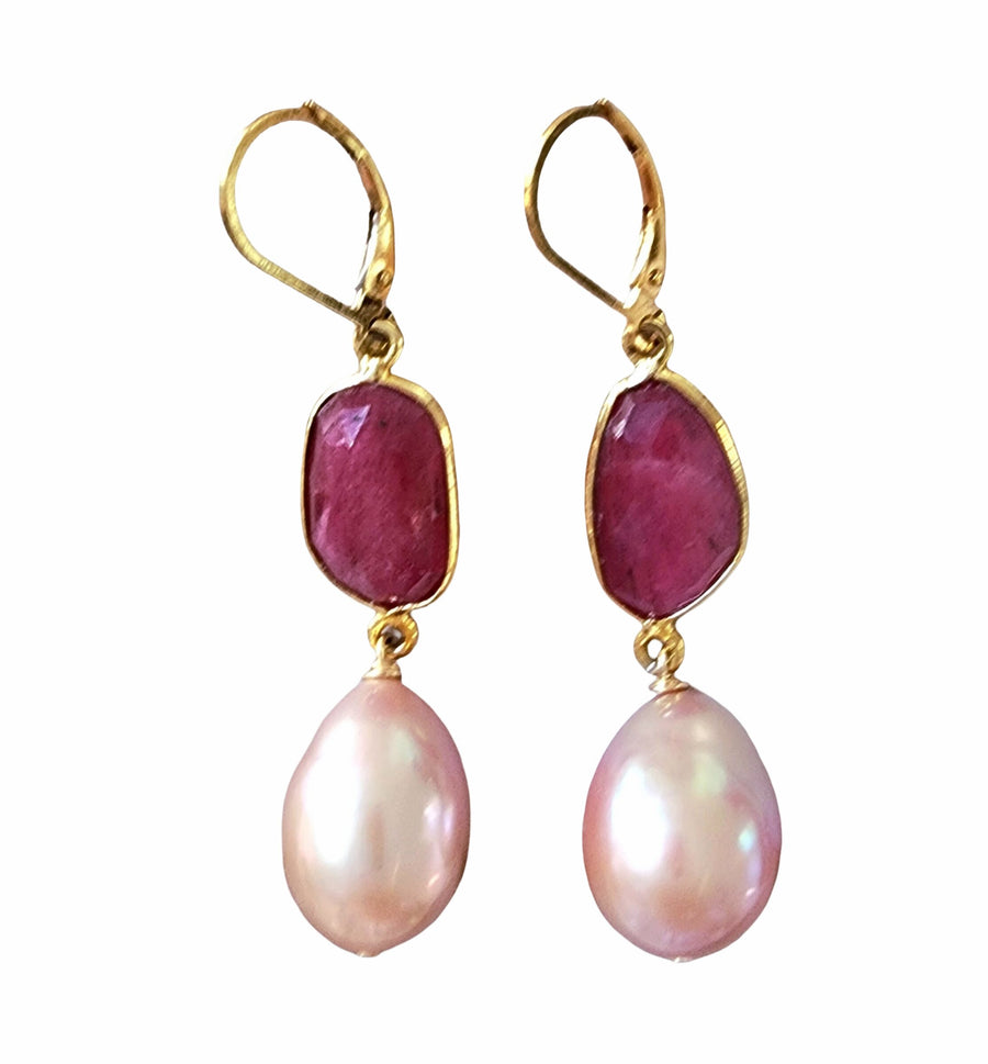 Ruby and Pink Edison Pearl Earrings